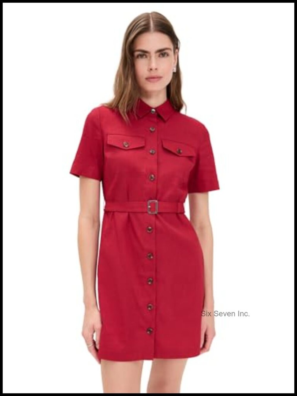 Short Sleeve Button Down Mini Dress with Self Belt A-Line